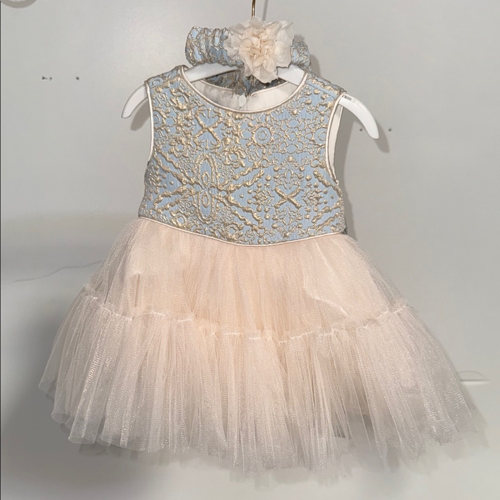 Elegant Blue and Cream Kids Formal Dress and Matching Headband